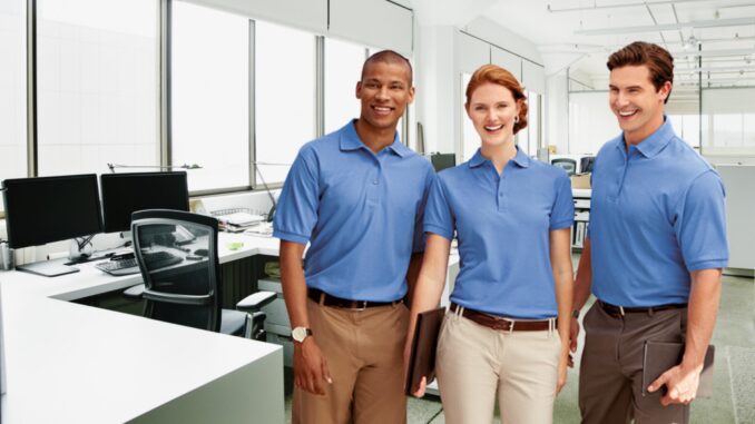 employee with blue workwear uniform